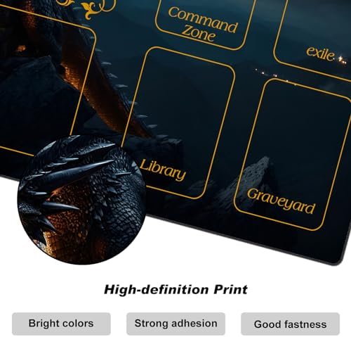 DEGDFSGR for MTG Playmat with Zones 24 x 14 inches for TCG Playmats Non-Slip Rubber Base Commander Play Mat for Lorcana Trading Card Game, Rock Wings Black Dragon Fire