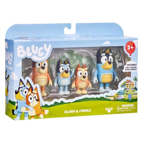 Bluey Family Figure 4-Pack – Includes, Bingo, Mum (Chilli) & Dad (Bandit), Poseable Collectible Toys for Kids, Durable Cake Toppers, for Toddlers & Fans, Ages 3+