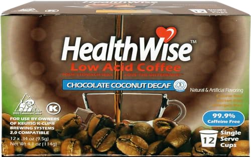 Healthwise Chocolate Coconut Decaf Low Acid Coffee K-Cups - Swiss Water Process - Acid Reflux, Heartburn, Gastro Issues - 12 Count (Pack of 1)