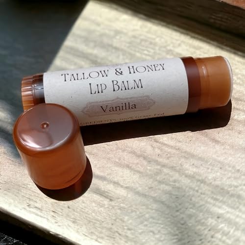 Lip Balm with Beef Tallow, Natural Essential Oils, Unscented, Organic (Vanilla)