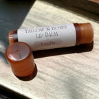 Lip Balm with Beef Tallow, Natural Essential Oils, Unscented, Organic (Vanilla)