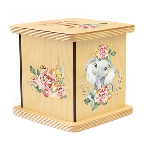 Wooden Piggy Bank for Kids and Adults, Personalized Gift Handmade in USA by BloomOwl, Custom Piggy Bank, Personalized Banks for Kids, Gifts for Baby Boys and Girls (Elephant- Coral)