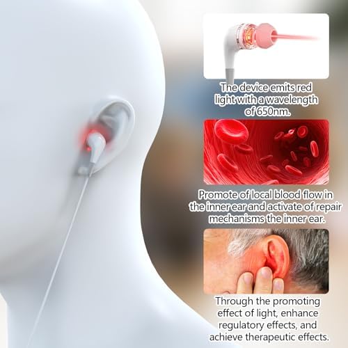 Red Light Therapy for Ears, USB Red Light Therapy for Ears, 650NM Red Light Ear Therapy Device with Two Pairs of Ear Canal Silicone