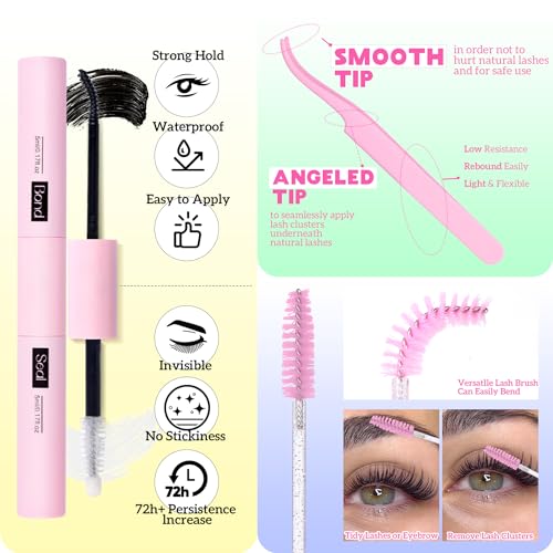 ALICE Lash Extension Kit Fluffy Volume Cluster Lashes Wispy 8-20MM D Curl Individual Lashes Eyelash Clusters Kit Lash Glue Bond and Seal Tweezers Diy Eyelash Extension Kit Self Application at Home
