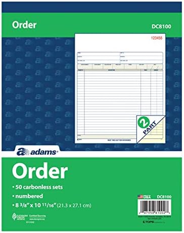 Adams Order Book, 2-Part, Carbonless, White/Canary, 8-3/8 x 10-11/16 Inches, 50 Sets per Book (DC8100) , 1 pack