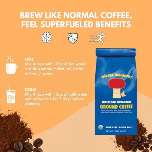 Organic Ground Mushroom Coffee by Malama | 8-Mushroom Superfood Blend with Lion’s Mane, Reishi, Cordyceps for Focus & Immune Support | Low Acid, Smooth Bold Flavor, Adaptogenic Energy | 12oz Bag