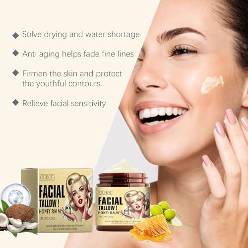 Tallow and Honey Balm for Face, Tallow Face Moisturizer Natural Organic Tallow Balm for Hydrating, Repair Soothing Sensitive Skin, Reduce Fine Lines