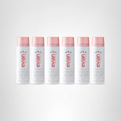 Evian Facial Spray 1.7 oz Travel 6-Pack - Hydrating Mineral Water Mist for Face & Skin - Refreshes Makeup and Tones Skin - TSA-Approved Mini Facial Spray Set for Daily Skincare Hydration