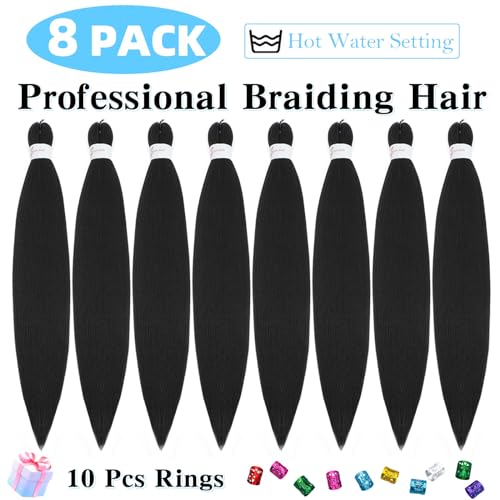 Braiding Hair Pre Stretched 20 Inch 8 Pack Premium Pre Stretched Braiding Hair Professional Itch Free Hot Water Setting Perm Yaki Texture Prestretched Hair For Braiding (18Inch,1B)
