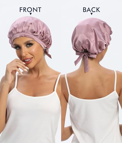 Cocheng 100% Mulberry Silk Bonnet Double-Sided Silk Sleep Cap With Adjustable Ribbon 19 Momme Silk Bonnet for Sleeping (Bean Pink)