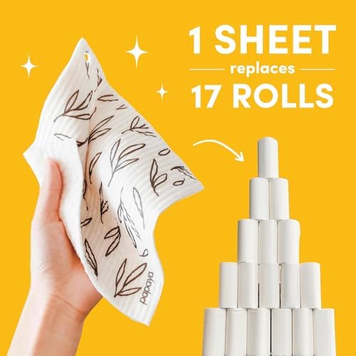 Papaya Reusable Paper Towels 4-Pack - 4 Sheets + 2 Hooks, Quick Drying, No Odor, 1 Sheet Replaces 17 Rolls, Washable Kitchen Cloth, Sustainable Dish Sponge, Eco Friendly Gift (Oat Milk Latte)