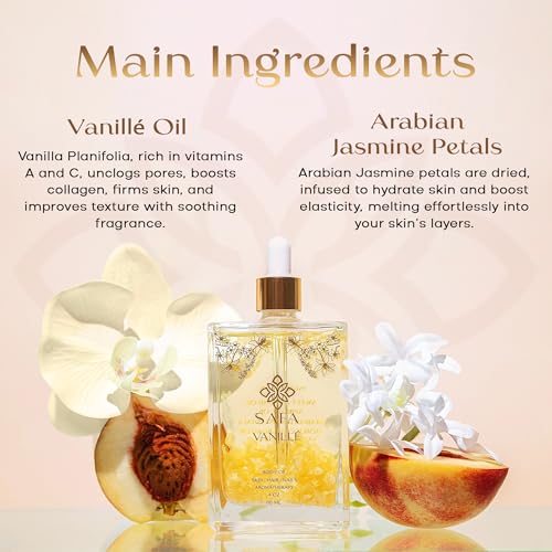 SAFA Vanillé Oil - Organic Oil for Face, Body, Hair, Nails & Aromatherapy | Vanilla Extract & Jasmine Petals - Essential Oil for Diffusers | After Shower Body Oil | Skin Moisturiser (4 Fl Oz)