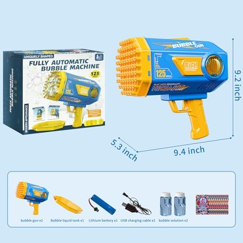 Bubble Gun, 125 Holes Bubble Machine with Lights, Bubble Guns for Kids Ages 4-8 Year Old, Big Bubble Gun Blaster for Wedding, Summer Outdoor Toy Birthday Bubble Maker Party Favors (Blue)