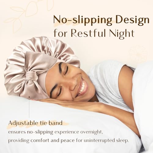 YANIBEST Double Layer Satin Silk Bonnet for Sleeping Hair Bonnet with Elastic Tie Band for Curly Hair Wig Caps Champagne