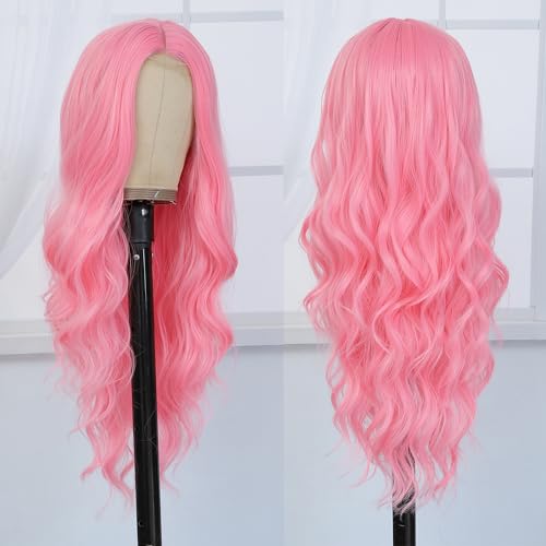 Long Wavy Pink Wig for Women 26 Inch Middle Part Pink Curly Wavy Wig Natural Looking Synthetic Heat Resistant Fiber Wig for Daily Halloween Cosplay Party Use (26 Inch, Pink)