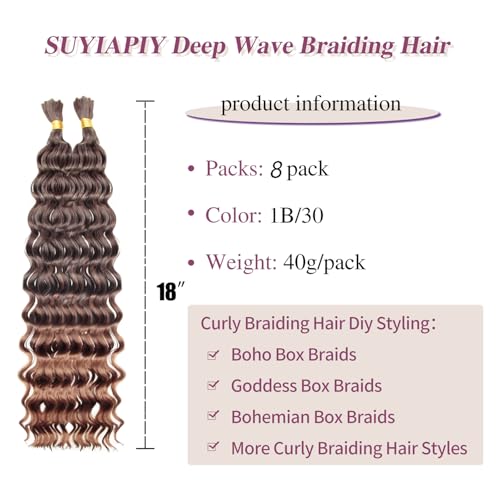 Boho Hair for Braiding Deep Wave 8 Packs,Bulk Hair for Boho Braids Curly Bohemian Wet and Wavy Braiding Hair No Weft 1B/30,18 Inch