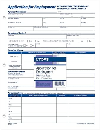 Adams TOPS 8 1/2 x 11 Inch Employee Application 50 Sheet Pads, 2 Pack (32851)