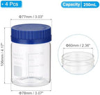 PATIKIL 4 Pack Reagent Media Storage Bottles, 250ml Borosilicate Glass Wide Mouth Graduated Round Bottles with GL32 Blue Screw Cap for Lab Water Reagent Liquids, Clear