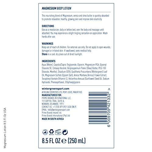 Wintergreen Magnesium Lotion, Pure Magnesium PCA, Shea Butter, Arnica Montana, Seed Oil, & Vitamin E, 8.5 Fl Oz (250 ml)