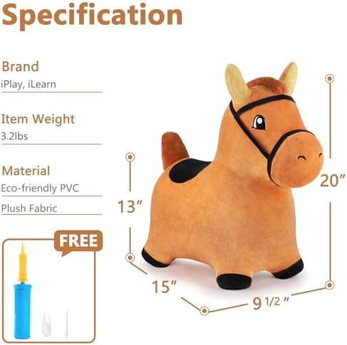 iPlay, iLearn Bouncy Pals Brown Hopping Horse, Toddler Plush Animal Hopper Toy, Kids Inflatable Ride on Bouncer W/Pump, Indoor Outdoor Jumper, Birthday Gifts for 18 24 Months 2 3 Year Old Boys Girls