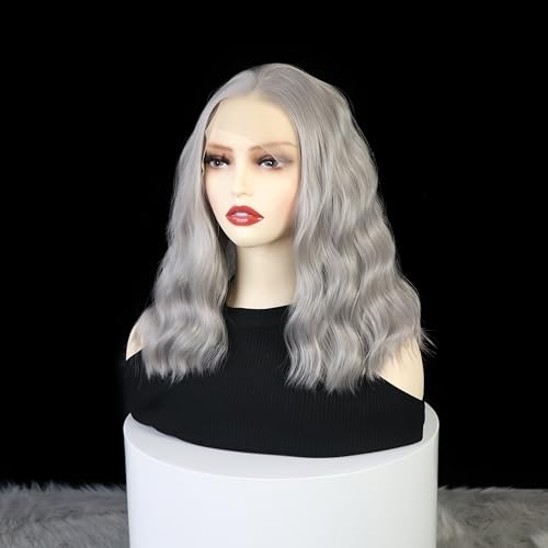 Gray Bob Curly Wig Synthetic Lace Front Wig Middle Part Lace Wigs 14Inch Synthetic Hair Wig for Women Party Use Cosplay Wigs