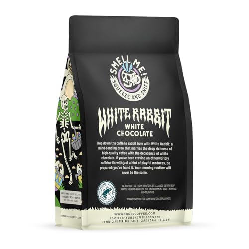 Bones Coffee Company White Rabbit Flavored Coffee Beans, Whole Bean Coffee Medium Roast Low Acid, White Chocolate Flavor (12 oz)