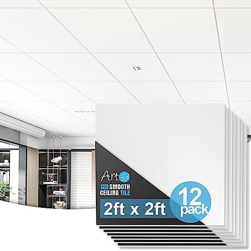 Art3d 12-Pack Smooth Drop Ceiling Tile 2ft x 2ft - Fire-Rated, Waterproof, Reusable - Preimum PVC, No Sag and Breakage - Cover 48 Sq. Ft, White