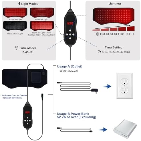KingPavonini Red Light Wellness Belt – 3-in-1 LED Light Device with Adjustable Strap, 630/660/850nm for Relaxation and Comfort