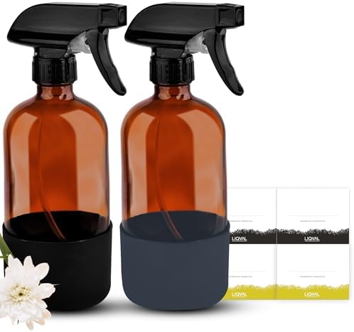 16oz Empty Glass Spray Bottle with Silicone Sleeve Protection - Refillable Containers for Cleaning Solutions, Essential Oils, Misting Plants - Including 3 Sprayers (Amber, 2 PACK)