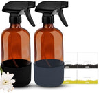 16oz Empty Glass Spray Bottle with Silicone Sleeve Protection - Refillable Containers for Cleaning Solutions, Essential Oils, Misting Plants - Including 3 Sprayers (Amber, 2 PACK)
