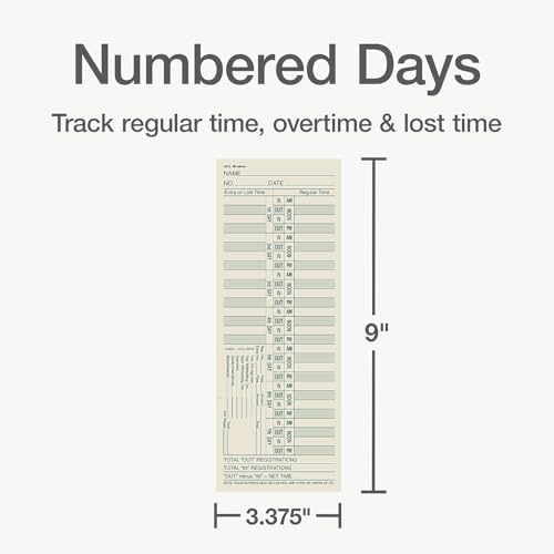 Adams Time Cards, Bi-Weekly, 2-Sided, Overtime Format, 3-3/8" x 9", Manila, Green/Red Print, 200-Count (9675-200)