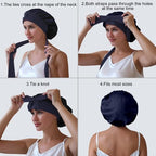 ZIMASILK 22 Momme 100% Mulberry Silk Bonnet for Sleeping Women Double Layer Silk Hair Wrap with Tie Band Stay On Head for Curly Hair Care (1Pc, Navyblue)
