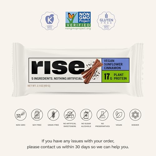 Rise Pea Protein Bar - Vegan Sunflower Cinnamon | Breakfast Bar & Protein Snack 17g Protein Just 5 Whole Food Ingredients Non-GMO Gluten-Free Soy Free