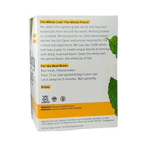 Mighty Leaf Whole Leaf Tea, Organic Mint Melange, 15 Tea Bags Individual Pyramid-Style Tea Sachets of Uncaffeinated Organic Mint Tea, Delicious Hot or Iced, Sweetened or Plain