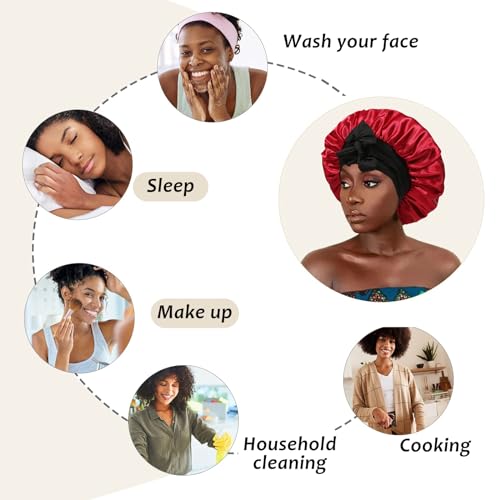 Reversible Satin Bonnet for Women with 3PCS Hair Scrunchies Tie Band Hair Bonnet for Sleeping Large 2 Layered Silk Sleeping Cap Nightcap for Sleeping (Reversible (Black/Red))