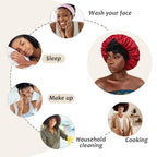 Reversible Satin Bonnet for Women with 3PCS Hair Scrunchies Tie Band Hair Bonnet for Sleeping Large 2 Layered Silk Sleeping Cap Nightcap for Sleeping (Reversible (Black/Red))