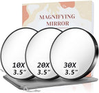 Magnifying Mirror, 10X & 20X & 30X Set, Magnified Mirror 3.5" with Two Suction Cups, Travel Magnifying Mirror Set Comes with Portable Storage Bag, Compact Small Magnifying Mirror for Travel(Black)
