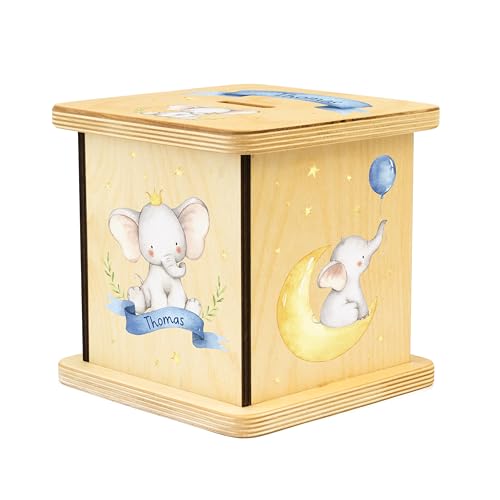 Wooden Piggy Bank for Kids and Adults, Personalized Gift Handmade in USA by BloomOwl, Custom Piggy Bank, Personalized Banks for Kids, Gifts for Baby Boys and Girls (Elephant- Blue)