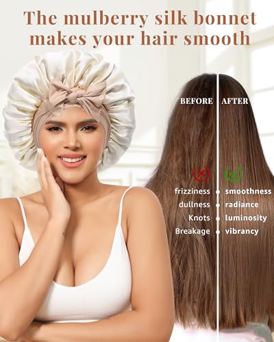 AWAYTR Silk Bonnet for Sleeping Women 100% Mulberry Silk Bonnet with Band 2 Layer Reversible Hair Bonnet Sleeping Hair Wrap (Silk, Dark Brown/Light Champagne)