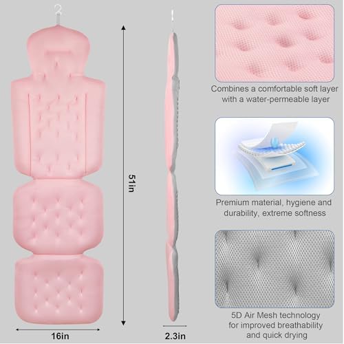 Full Body Bath Pillow, Luxury Bath Cushion with 192 Suction Cups, Bath Pillows for Tub for Head and Neck Support, with Laundry Bag Pink, 51" x 16"