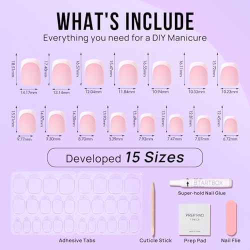BTArtbox Press On Nails Short - Square French Tip Press On Nails, Fake Nail with Nail Glue, Natural Reusable Stick On Nails in 15 Sizes - 30 Fake Nails Kit