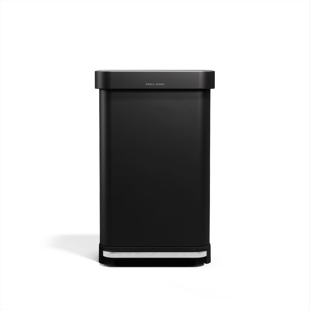 simplehuman Rectangular Step Can, 45L / 12 Gallon Kitchen Trash Can, Liner Rim System, Liner Pocket®, 150,000-Step Pedal, Lid Shox® Silent Close, Matte Black Steel