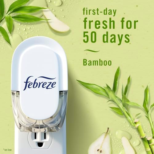 Febreze Plug In Air Freshener, Odor-Fighting Scented Oil Starter Kit, Air Fresheners for Home and Bathroom and Kitchen, Long Lasting for Strong Odors, Bamboo Scent, Warmer + 4 Refill