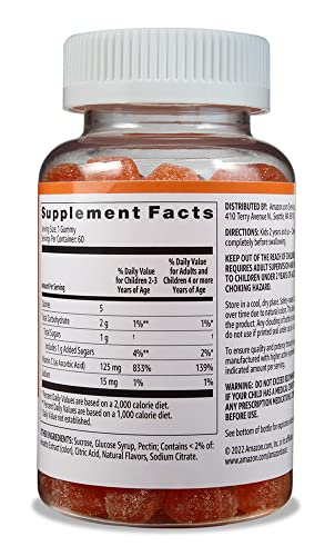 Amazon Basics Kids' Vitamin C 125mg Gummies, Orange, Immune Health, 2 Month Supply (Previously Solimo) 60 Count (Pack of 2)