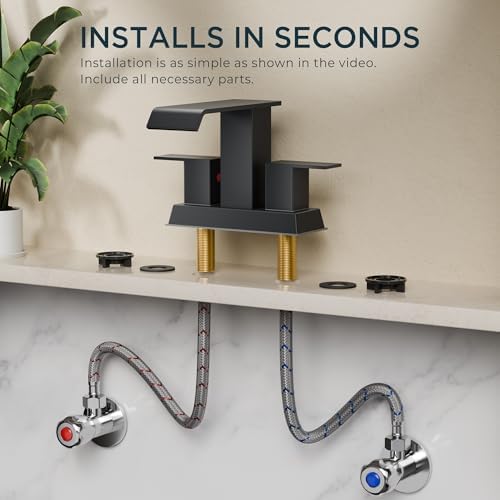 FORIOUS Square Waterfall Matte Black Bathroom Faucets 3 or 2 Hole for 4 Inch Centerset Sink with Metal Pop Up Drain and Hose, Double Handle Operation, Suitable for Vanity RV Restroom Remodel