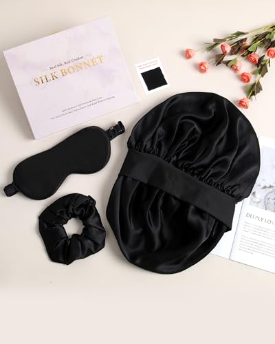 Mulberry Silk Bonnet for Sleeping Women Curly Hair Bonnets with Tie Band Double Layer Reversible Sleep Bonnet Silk Hair Wrap Sleep Cap (Black)