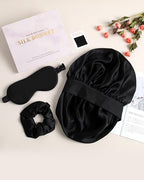 Mulberry Silk Bonnet for Sleeping Women Curly Hair Bonnets with Tie Band Double Layer Reversible Sleep Bonnet Silk Hair Wrap Sleep Cap (Black)