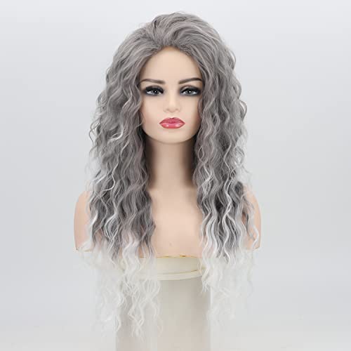Fencca Grey Long Curly Wig Synthetic Mixed Gray Wave Curly Wigs for Women Free Part Full Curly Wig Layered Long Wavy Grey Wig