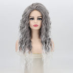 Fencca Grey Long Curly Wig Synthetic Mixed Gray Wave Curly Wigs for Women Free Part Full Curly Wig Layered Long Wavy Grey Wig