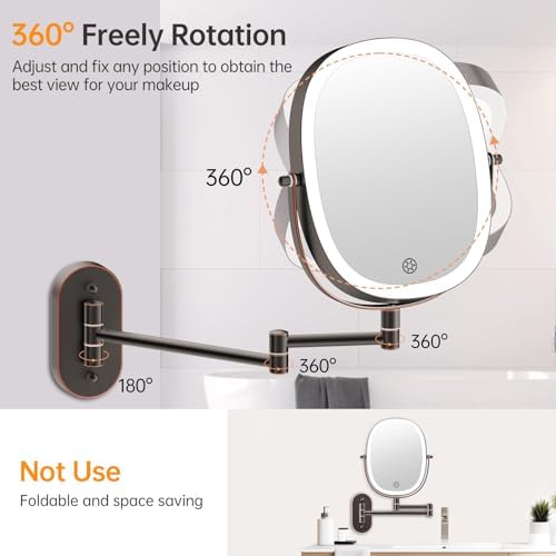 Rechargeable Wall Mounted Lighted Makeup Mirror, 8 Inch Double Sided LED Vanity Mirror 1X/7X Magnification,3 Color Lights Touch Dimmable Oval Frame 360°Swivel Magnifying Bathroom Mirror Antique Bronze